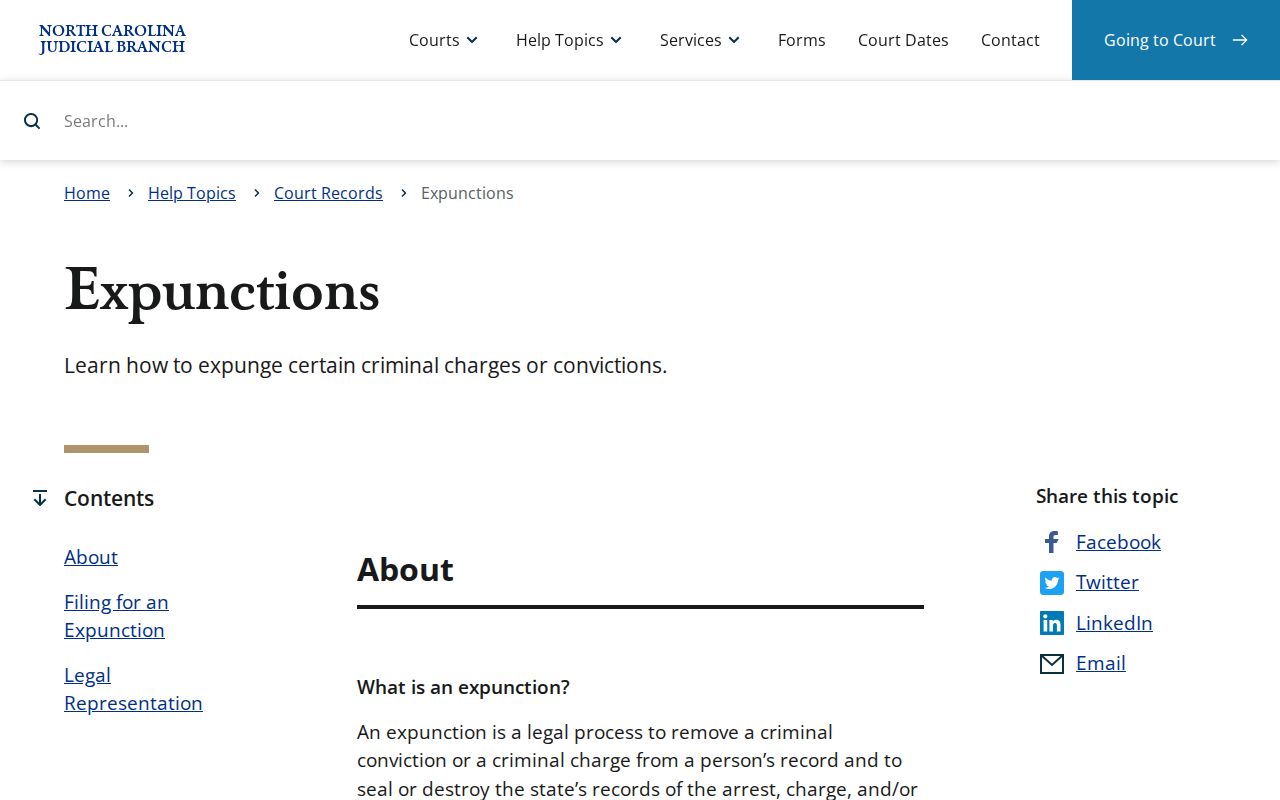 North Carolina Judicial Branch expunction information page