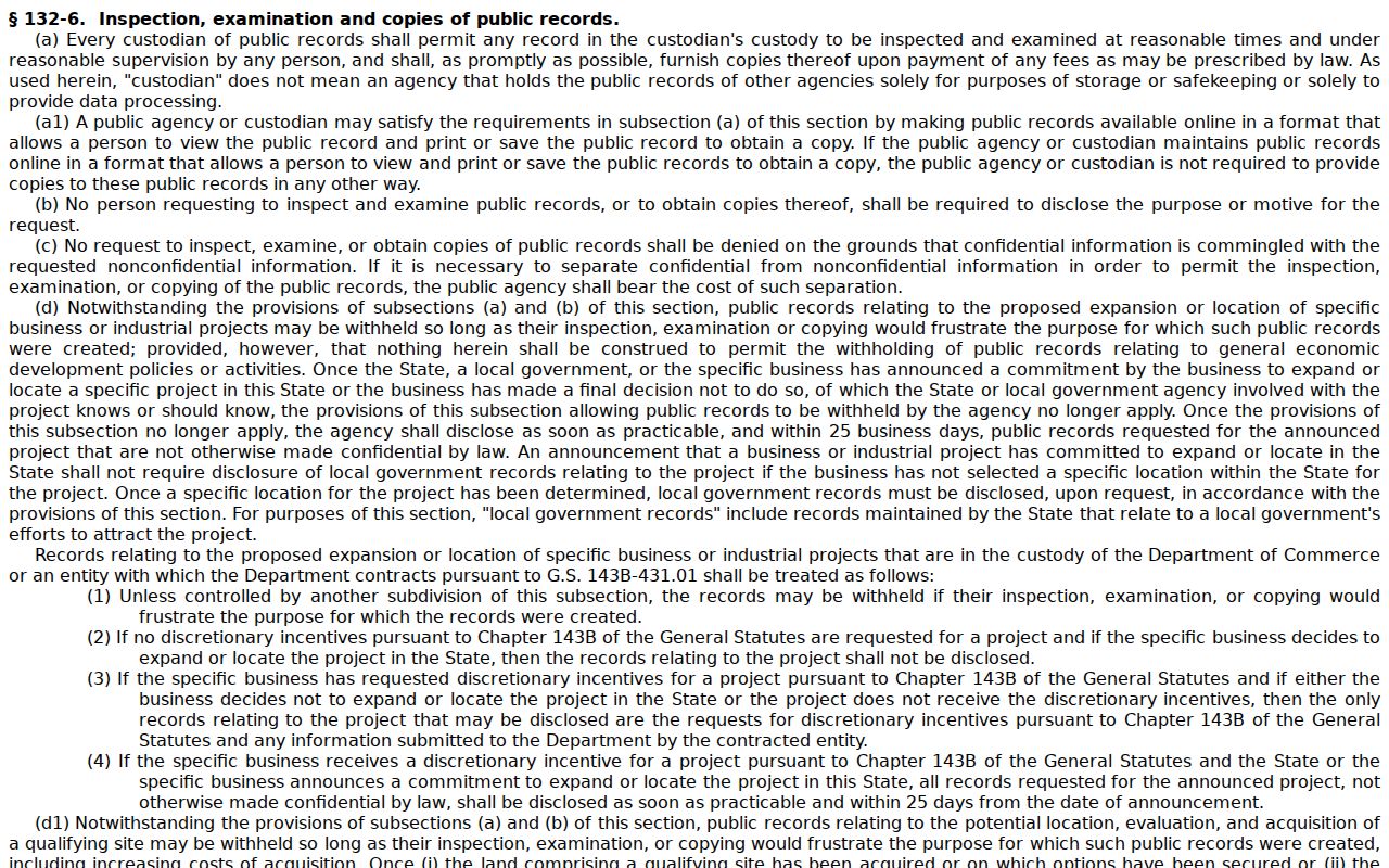 North Carolina public records inspection and copy statute page
