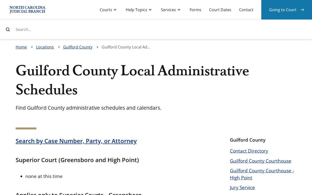 Guilford County court calendar schedules for local sessions