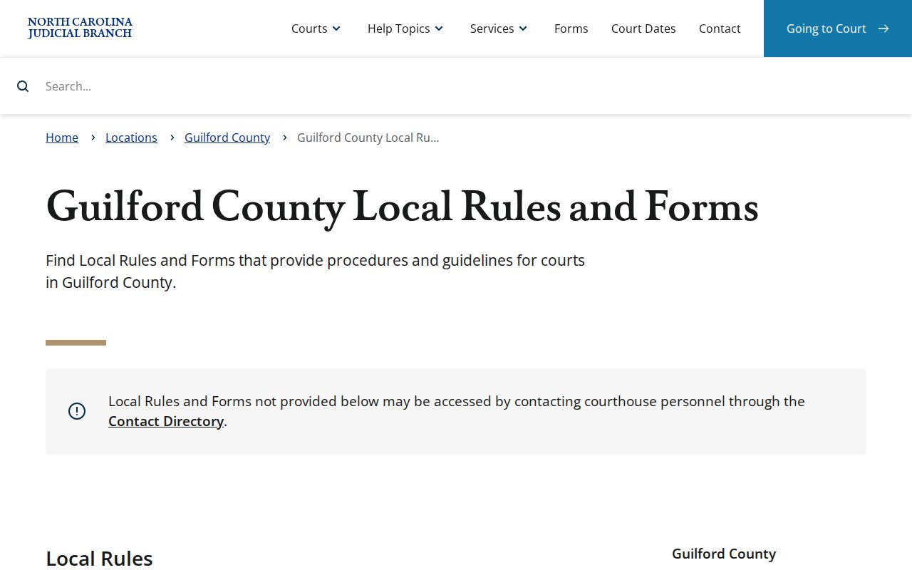 Guilford County court schedule local rules and calendar forms