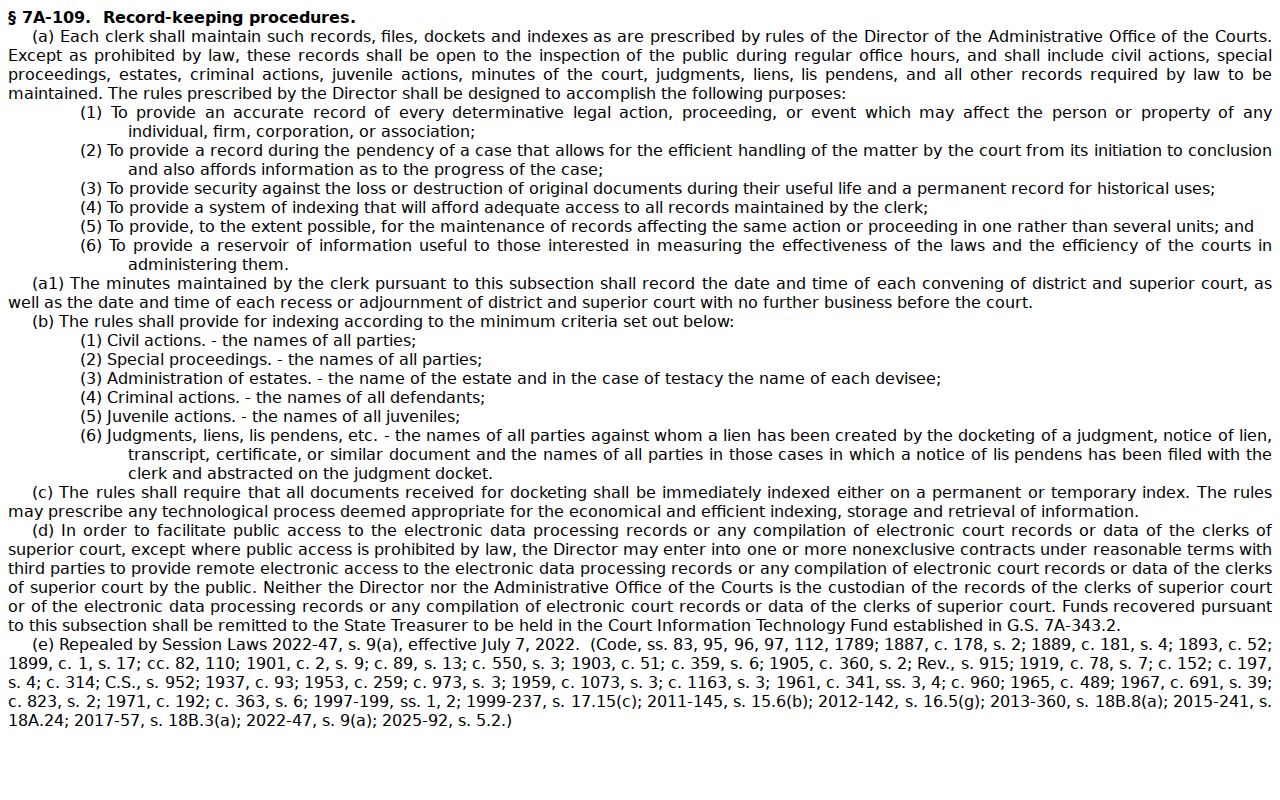 Guilford County court docket clerk recordkeeping statute