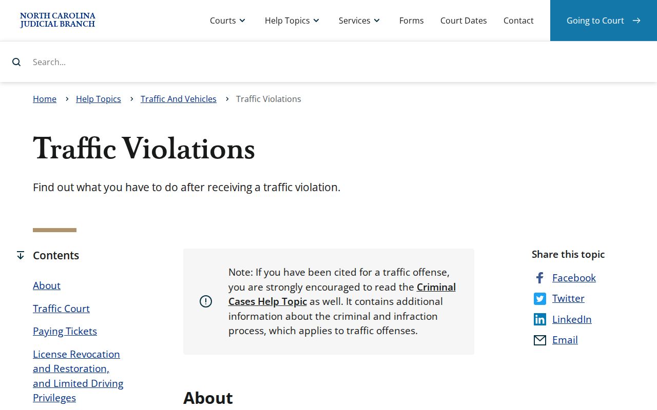 North Carolina Judicial Branch traffic violations guidance page