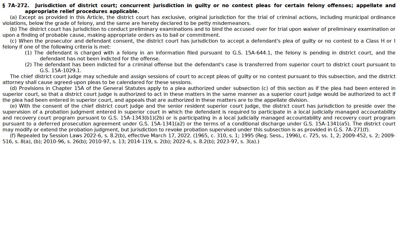 North Carolina District Court jurisdiction statute page for Guilford traffic case context